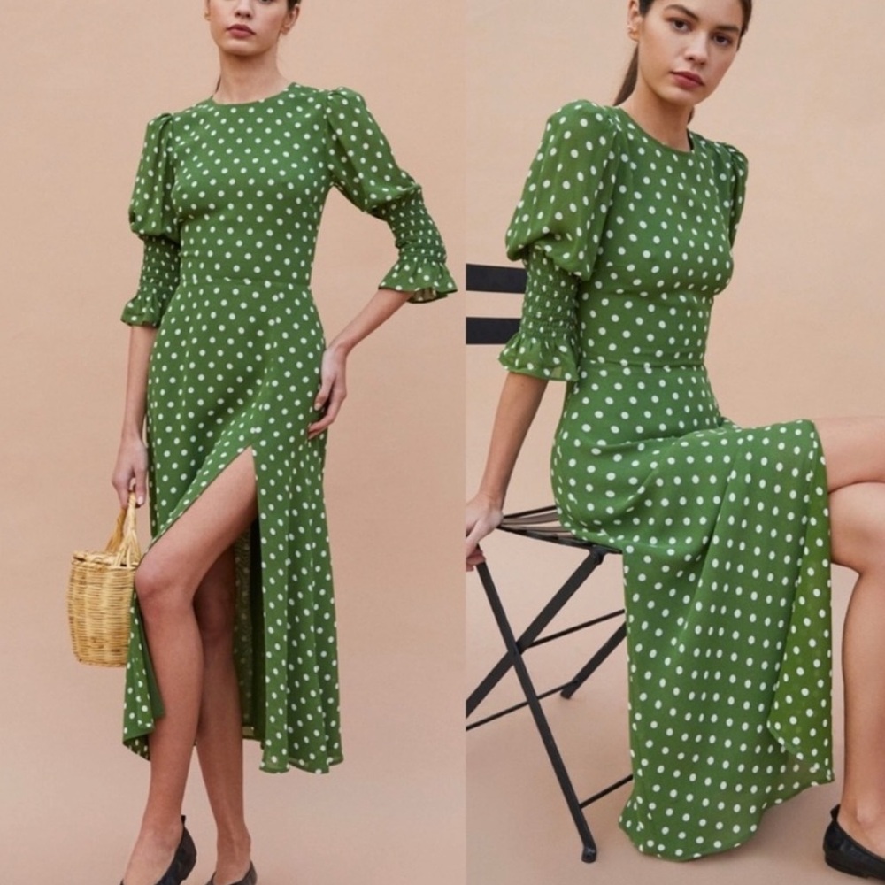 Reformation Green Polka Dot Long Sleeve Dress